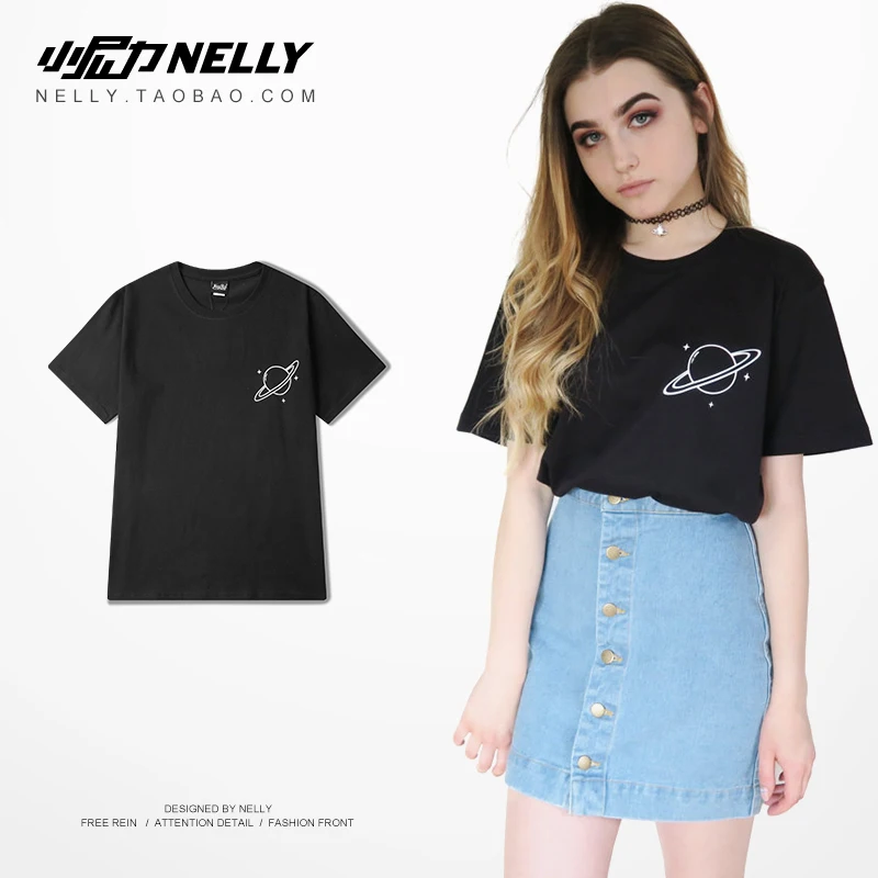 

NELLY 2019 Summer European Style Planet Print Short Sleeve T-Shirt Women Men Hip-Hop Round Neck Sport Tee Cotton Top