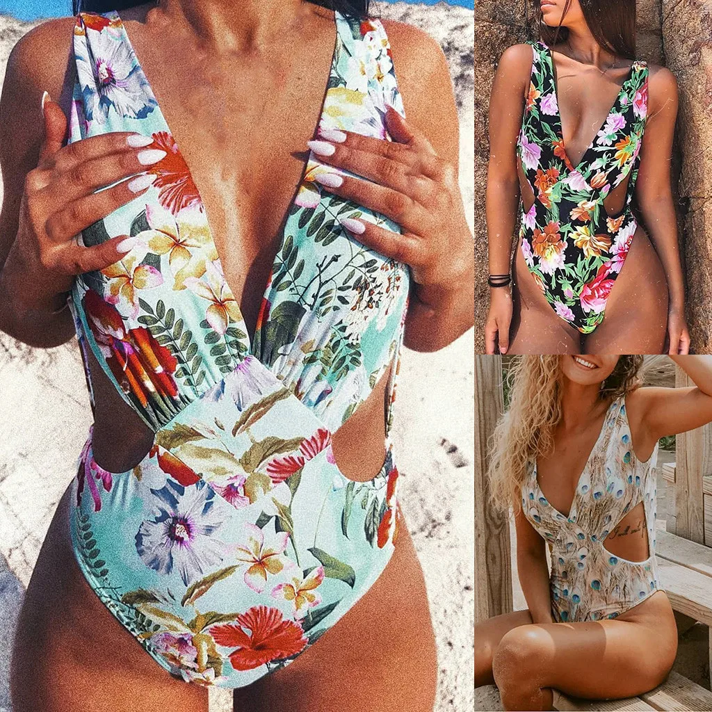 

MUQGEW Women's Fashion Bikini Printed Set Swimsuit Deep V-neck Monokini Sexy Bra Swimwear Beachwear Bathing Suit Bikini 2019