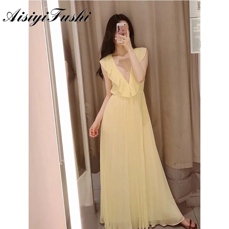 AISIYIFUSHI желтое платье миди с оборками V-образным вырезом без рукавов вечернее