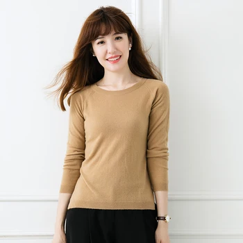 

JECH Spring autumn New soft Cashmere Sweaters Female Slim O collar knit Long sleeve pullover Solid color short Wool Sweaters