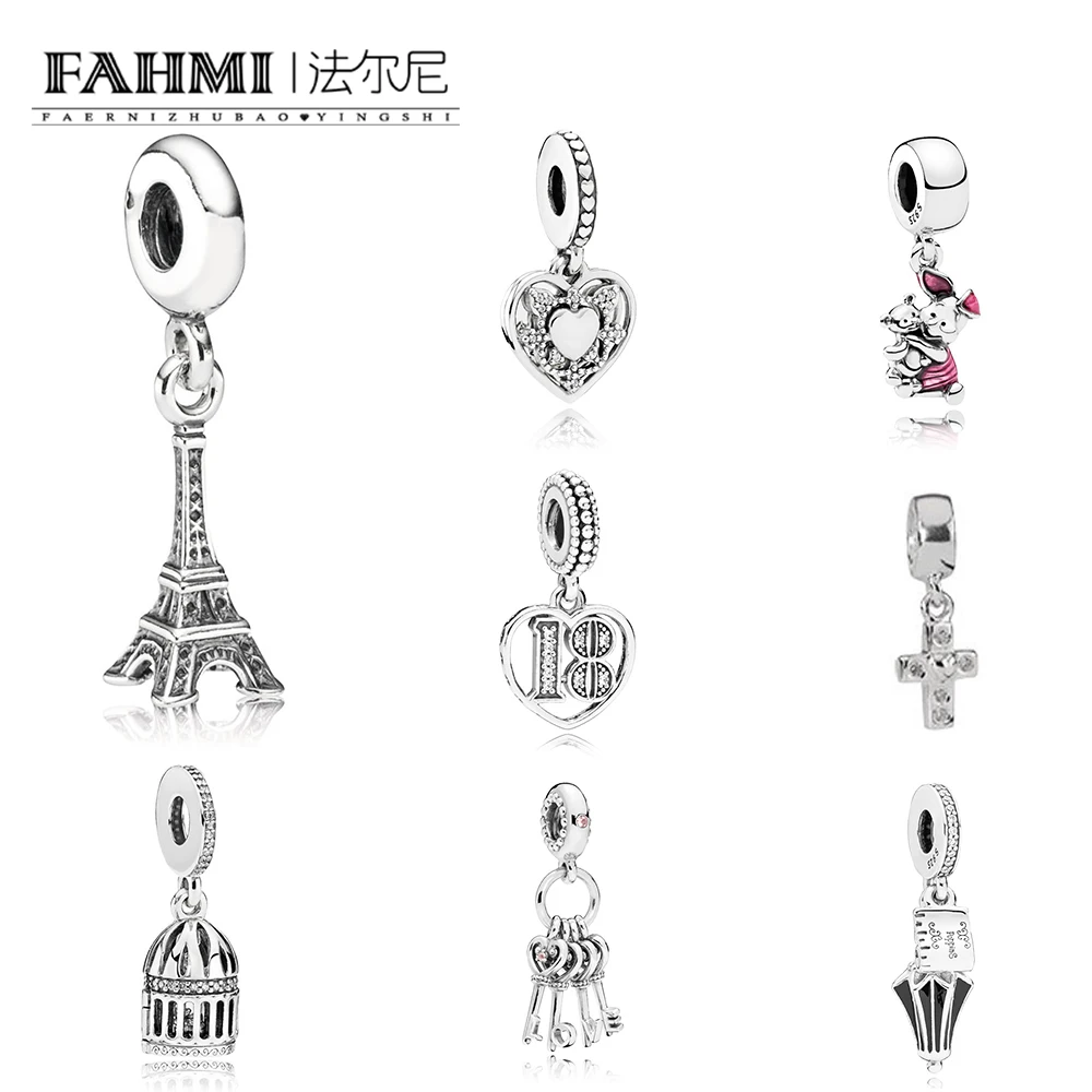 

FAHMI 100% 925 Sterling Silver Eiffel Tower Cute Pig Poppins Umbrella Bird Cage Love Key Cross 18 Years of Love Hanging Charm