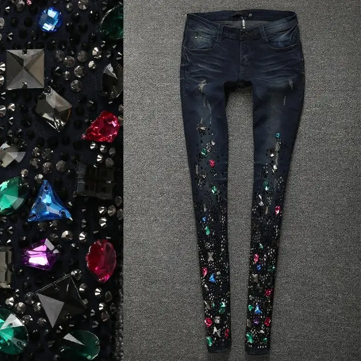 Размера плюс 25-31, на сезон весна-осень; с бриллиантами джинсы для женщин отбортовывые алмазные отверстие длиной до щиколотки; обтягивающие джеггинсы