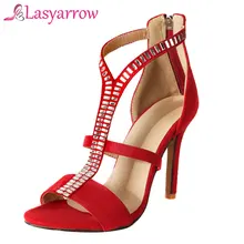 Lasyarrow большой Размеры 32-46 женская обувь высокий тонкий каблук кристалл Т-ремень с резным узором и открытым носком Римские сандалии черный, красный синий rm263