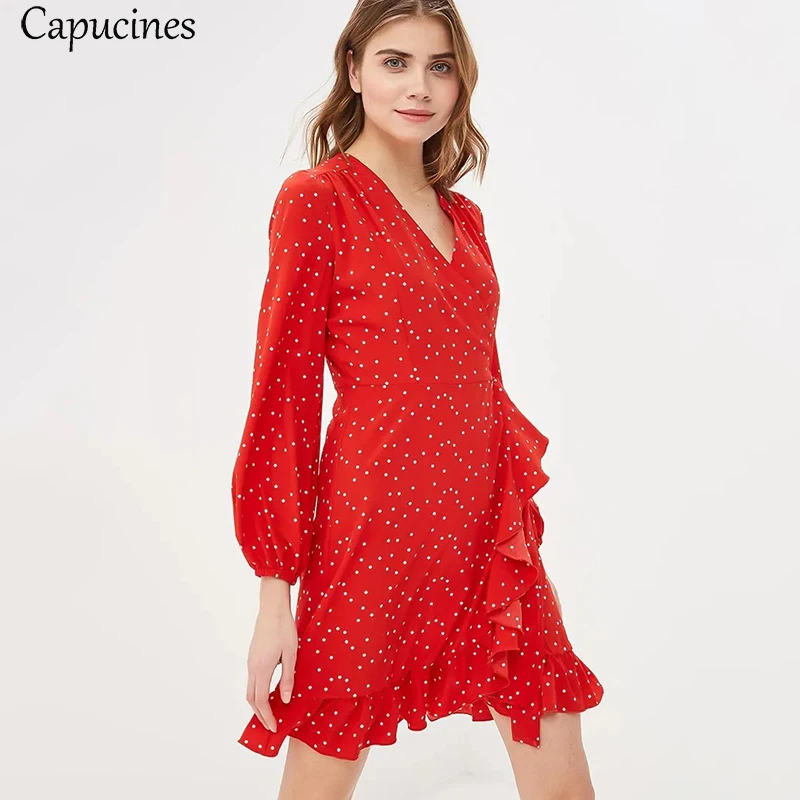 

New 2019 Autumn Red Dot Printed Ruffles Dress Women V-Neck Long Sleeves Sashes A-Line Boho Beach Casual Mini Dresses Street Wear