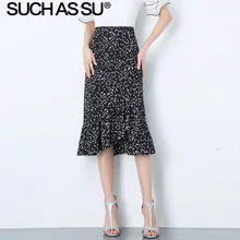 Новые корейские шифоновые миди юбки женские Летние черные с принтом Высокая талия Русалка Юбка S-3XL размера плюс тонкая плиссированная юбка для женщин