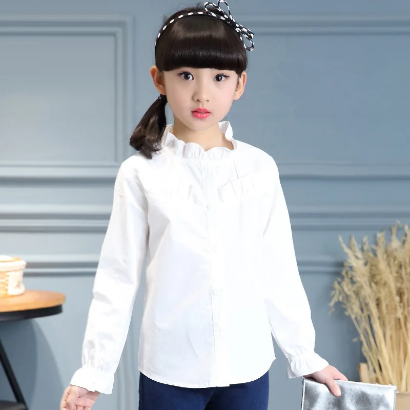 

baby big girl shirt long sleeve tops cotton ruffles mandarin collar white shirt 8 9 10 12 years school girls clothing 2018 new