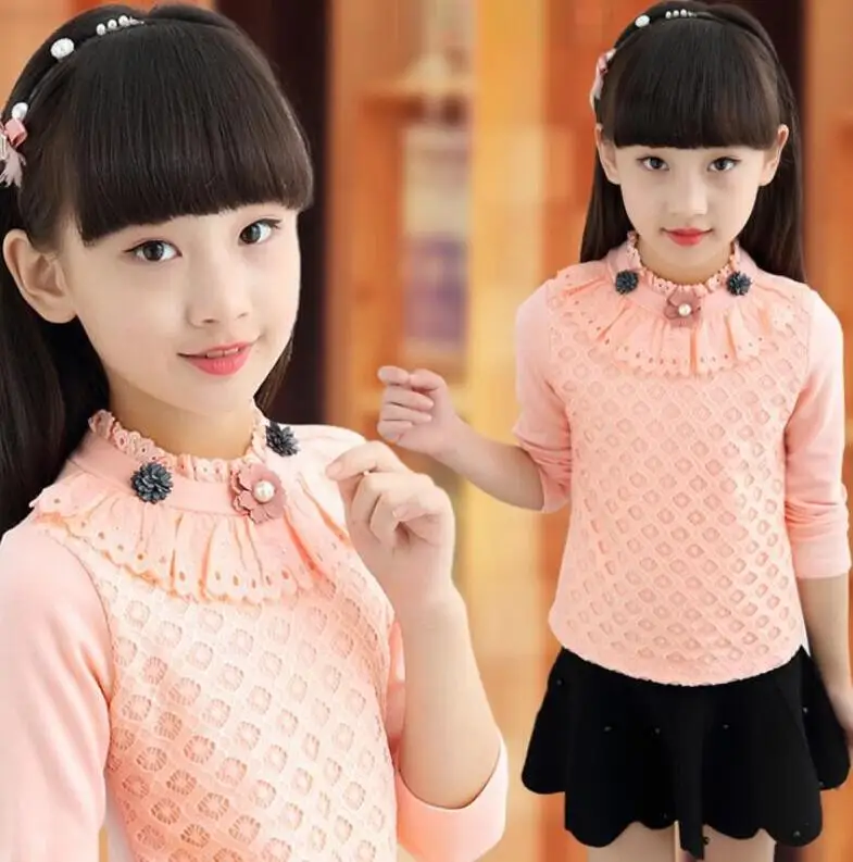Коллекция года, осенне-зимняя школьная блуза с длинными рукавами и кружевным жемчугом для девочек белые топы и блузки для маленьких девочек Детские рубашки JW4943 - Цвет: flowers pink