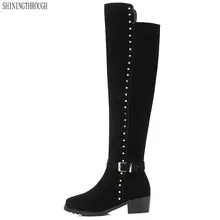 Новые женские сапоги до колена; сапоги на толстом каблуке 4,5 см; Женская замшевая обувь из коровьей кожи; сезон весна-осень; повседневная женская обувь; большие размеры 34-43