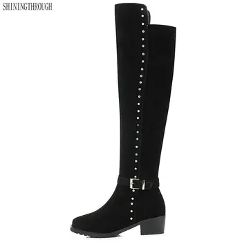 

New Women knee high Boots 4.5cm thick Heels boots woman cow suede leather spring autumn casual shoes woman large size 34-43