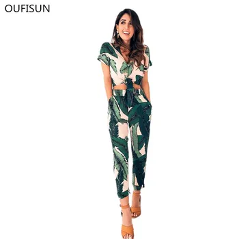 

Oufisun Summer Women Casual Sets Short Sleeve Sexy Deep V-neck Elegant Print Crop Top Bandage T-shirt And Mid-calf Length Pants