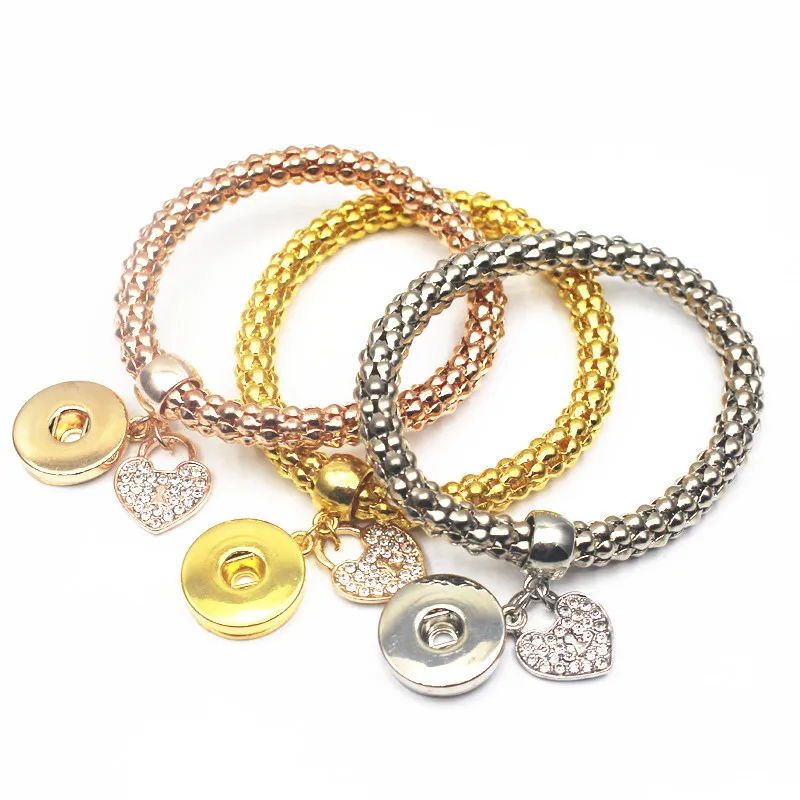 

1 Pcs/Set Crystal heart Pendants Charm Bracelets&Bangles 3 Color Rose Gold Color Rhinestone 18mm Elastic Snap Buttons bracelet