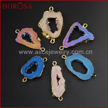 

BOROS 10Pcs Gold Color Rainbow Titanium Agates Druzy Slice Connector Double Bails for Jewelry Making G1053