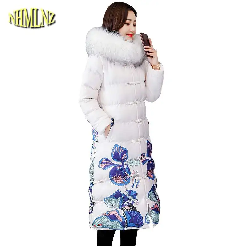 

Hooded Big Fur Collar Women Down Jacket 2019 New Winter Medium Long Females Parkas Retro Chinese National Wind Print Coat LY536