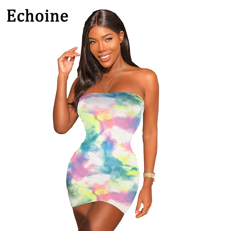 

Echoine Sexy Tie Dye One Step Dress Strapless Off Shoulder Mini Dress Slinky Bodycon 2019 New Women Summer Dress Clubwear