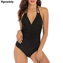 Бодрящий сексуальный черный цельный купальник женский пуш-ап купальник глубокий v-образный вырез купальный костюм Холтер открытая спина Монокини купальник