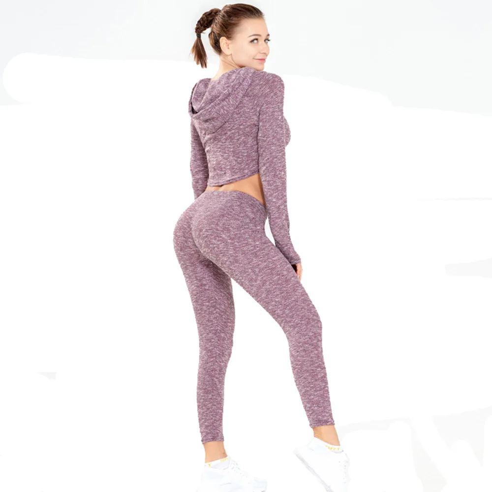 

2019 Knitted Yoga Set Hooded Women Sportswear Breathable Workout Clothes for Women Long Sleeve Gym Fitness Clothing Running Gray