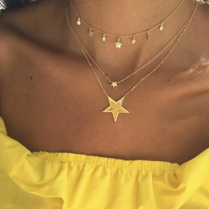 

Bohemia Multilayer Pentagram Star Round Tassels Chain Pendant Gold Necklace Set Women Classic Clothing Jewelry