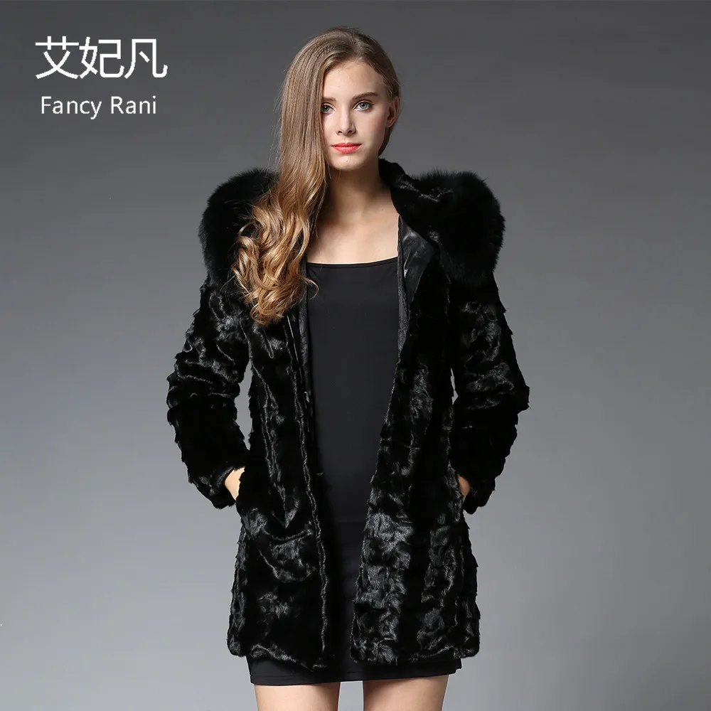 2018 Fashion New Black Genuine Mink Fur Coat Fox Fur Hood Women Autumn&Winter Warm Mink Fur Coat