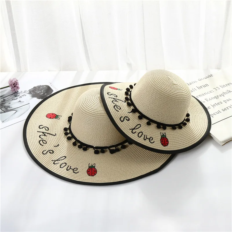 

Summer Beach Straw Hat Letter Embroidery Wide Brim Women Hats Parent-Child Outdoor Caps MOM&BABY Hats Sun Visor Hat