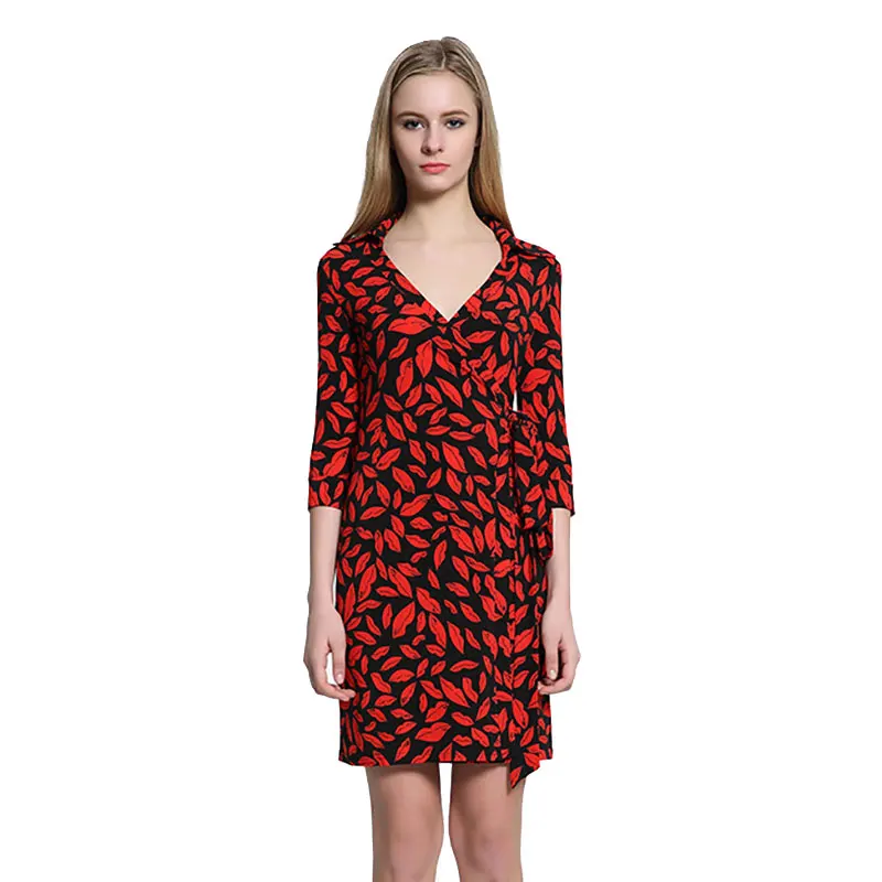 2019 Summer New Ladies Split Sexy Party Dresses Women V-Neck Long Sleeve Red Lips Short Wrap Dress | Женская одежда