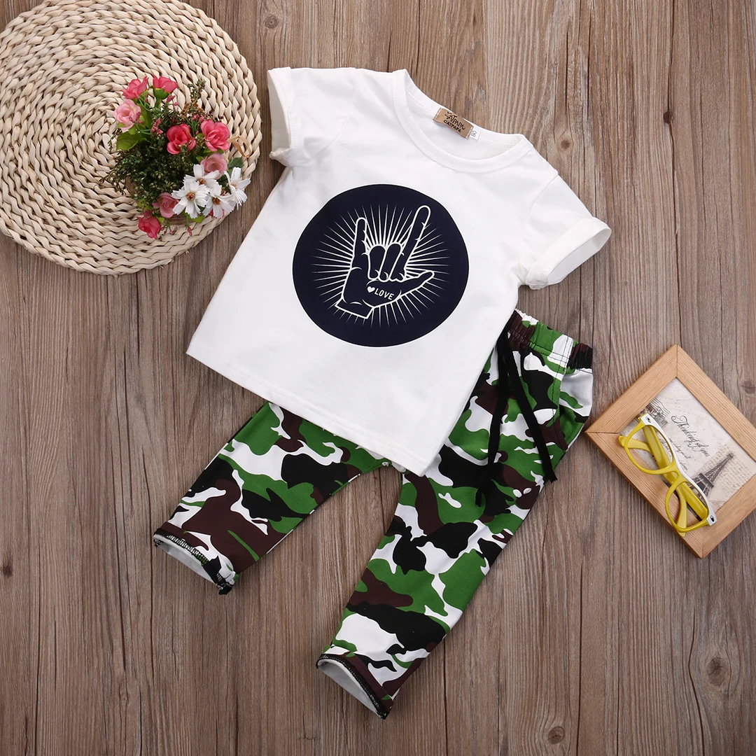

Fashion Toddler Baby Kids Boys Clothes Sets White T-shirt Camouflage Pants 2PCS Boys Sets Summer Short Sleeve Boys Clothes 0-3T