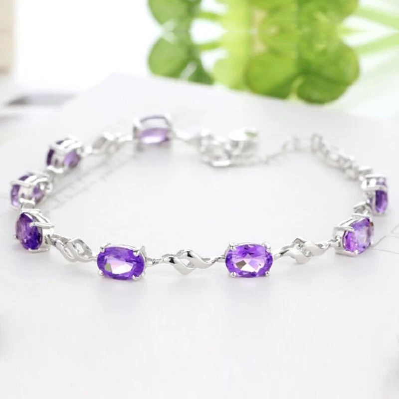 

Fashion 925 Sterling Silver Bracelets For Women Wedding Jewelry Exquisite Oval Purple Crystal Bangles Girl Valentine's Day Gifts