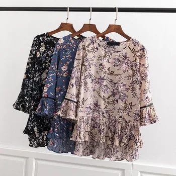 

5XL 2019 Summer Women Plus Size Blouses Casual Patchwork Pleated Chiffon Blouses Fashion Loose Floral Printed Shirts