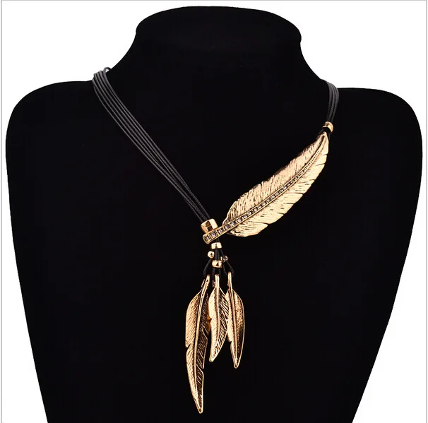 Women Fashion Steampunk Jewelry  Leather Rope Chain Full Rhinestone Crystal Vintage Leaf Tassel Pendant Lariat Choker Necklace