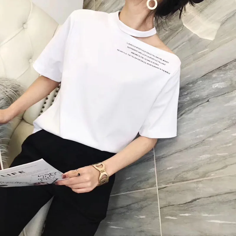 Женская летняя футболка с коротким рукавом и лямкой через шею, корейская модная Сексуальная футболка без бретелек, топы, футболки больших размеров, белая хлопковая Футболка с буквенным принтом 266