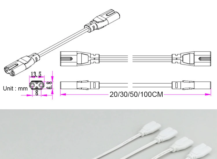 Светодиодный соединительный кабель с 2 контактами, гибкий соединительный провод, используется в T5 T8, светильник с медным сердечником 20 см-100 см, 250 А, 0-в