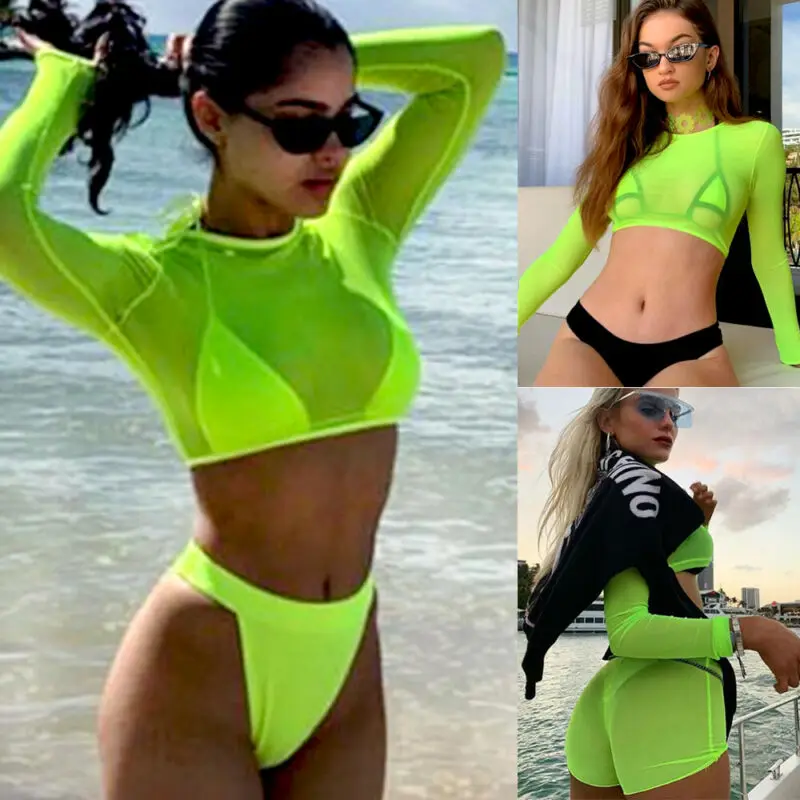 

Sexy Green T Shirt Women See Through Transparent Mesh Tops Long Sleeve Sheer Slim Ladies T-Shirt Fluorescent