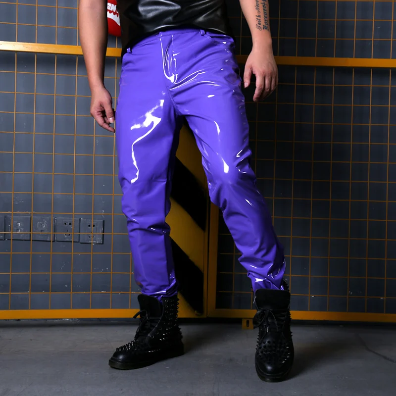 

Fashion Show Singer Dancer Hip Hop Style Slim Fit Trousers Custom Made Stage Costumes Men Purple Casual Leather Pant Male