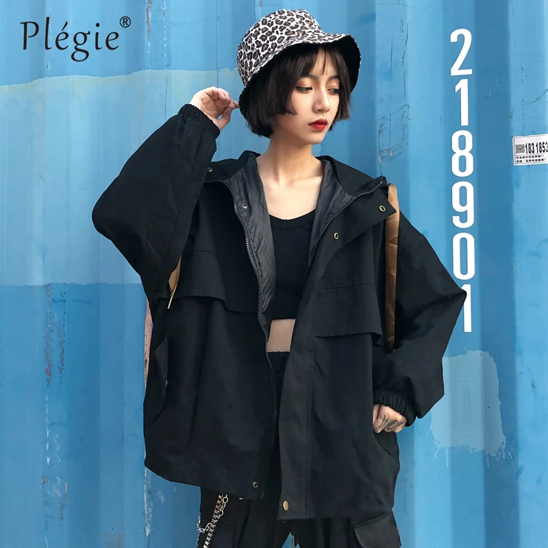 Plegie Harajuku, Женская куртка большого размера,, весна, осень, пэтчворк, куртка с капюшоном, Bf стиль, Студенческая куртка свободного кроя, пальто