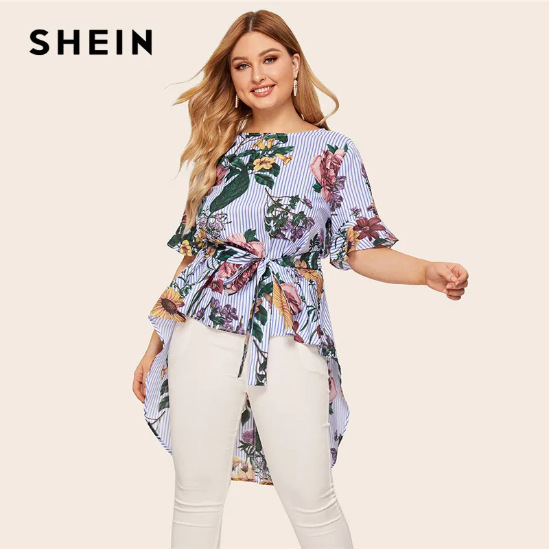 

SHEIN Plus Size Multicolor High Low Floral And Striped Top Blouse With Belt 2019 Women Summer Boho Boat Neck Blouses Shirt