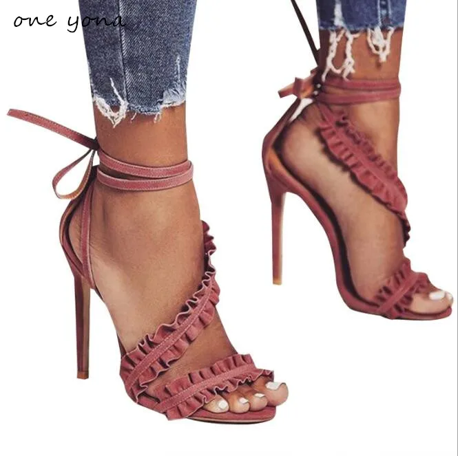 

Women's shoes 2019 summer new ultra high heel suede stiletto platform lotus leaf lace ankle strap ladies sandals a105