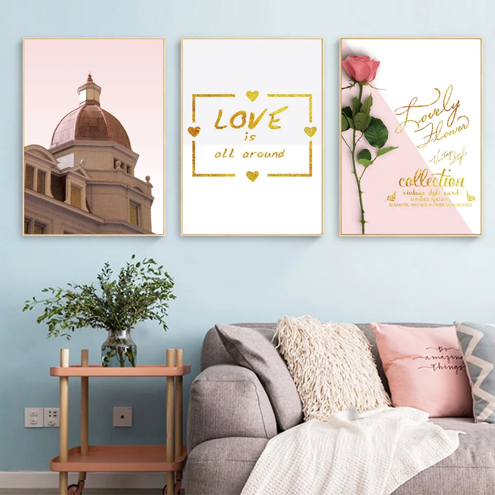 Art Prints Nordic Poster Pink Rose Canvas Pictures For Living Room Love Wall Art Canvas Painting Landscape Wall Painting framed