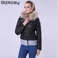 Gizmosy Женская зимняя обувь пальто хлопковая стеганая куртка женская одежда с короткими рукавами вязаный свитер с меховым капюшоном-воротником парки для Для женщин SY005