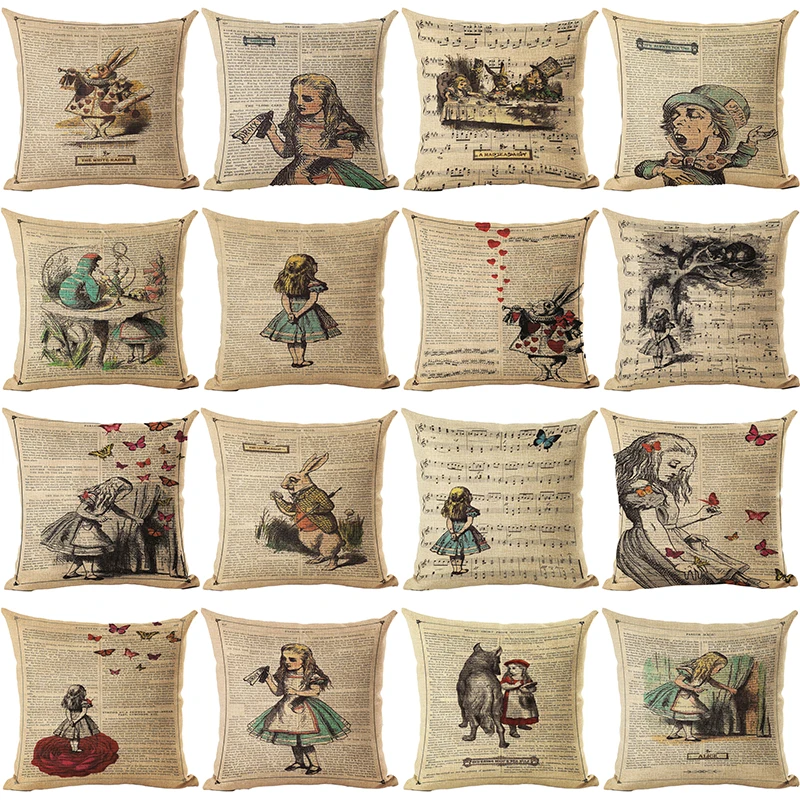 

Vintage Alice's Adventures In Wonderland Decorative Cushion Cover 45x45CM Cotton Linen Square Throw Pillow Cover Pillow Case