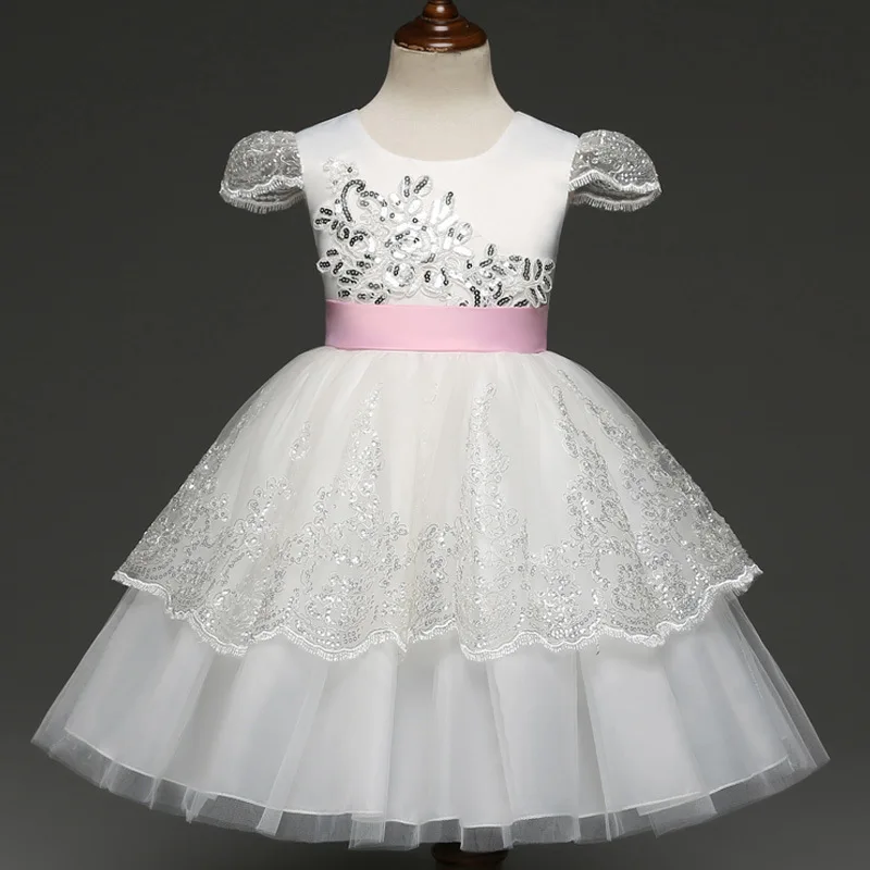 Girls White Lace Sequins Party Princess Dress Sleeveless Children