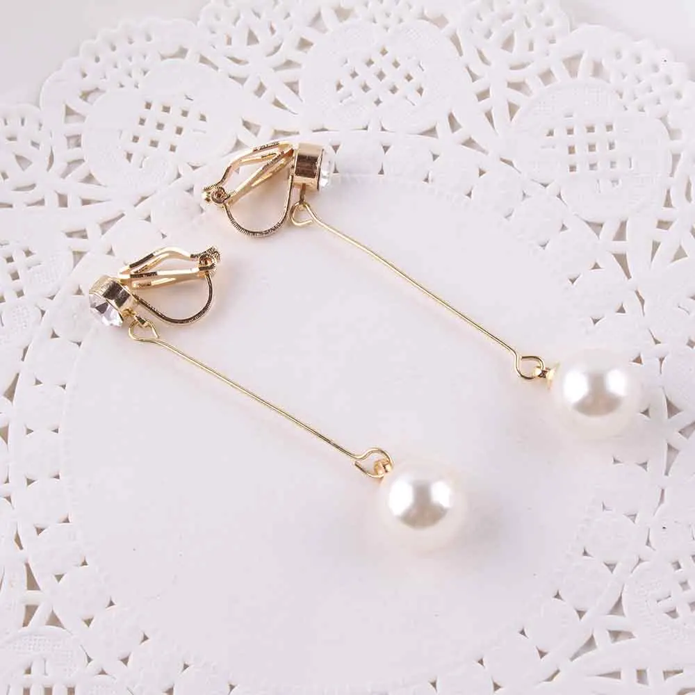 Korea Style Fashion Cute Ear Wire Clip Earrings Non Piercing Female Models Long Pearl No Ear Hole Jewelry women Earrings