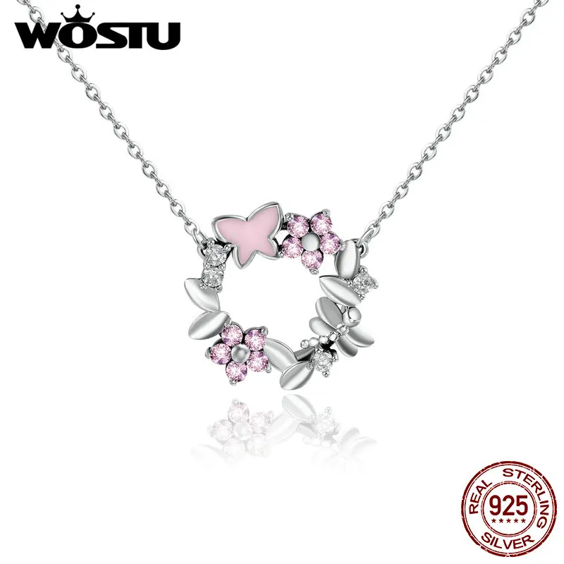 

WOSTU Real 925 Sterling Silver Garland Butterfly Round Romantic Necklace With Pendant For Women Engagement Jewelry CQN098