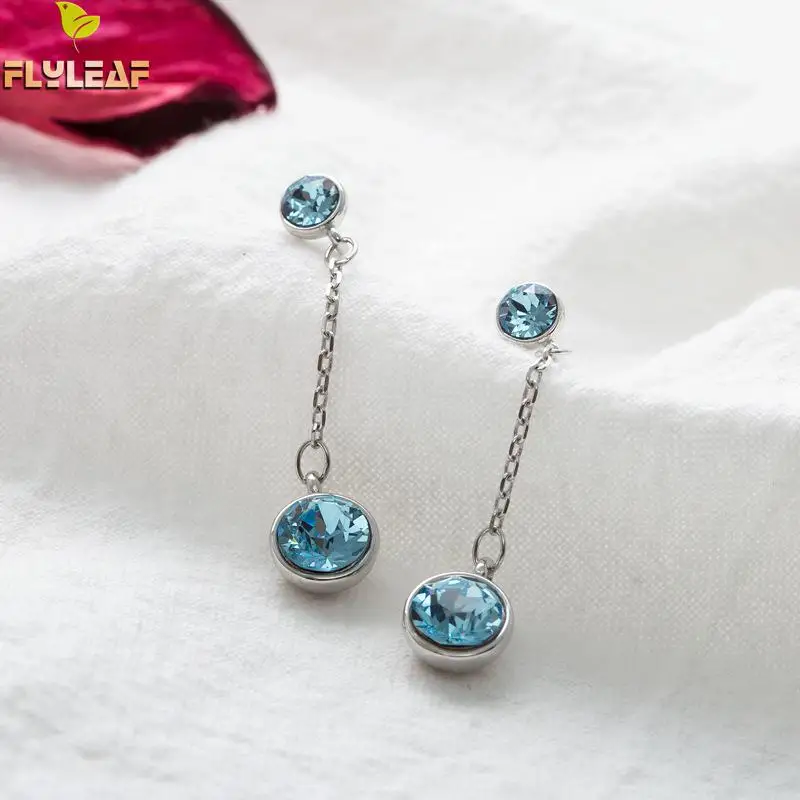 

Flyleaf 925 Sterling Silver Earrings For Women Blue Crystal Drop Simple Femme High Quality Long Earings Fashion Jewelry Party