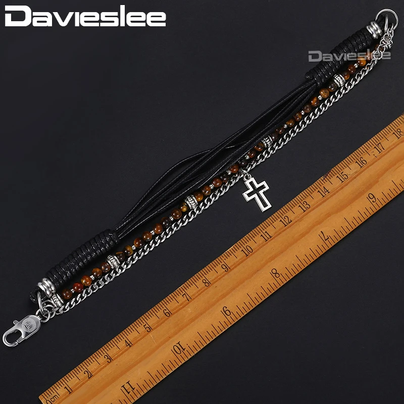 Davieslee Mens Beaded Bracelet Leather Stainless Steel Curb Cuban Chain Cross Pendant Charm 3 Layers Brown Bracelets DDLB71