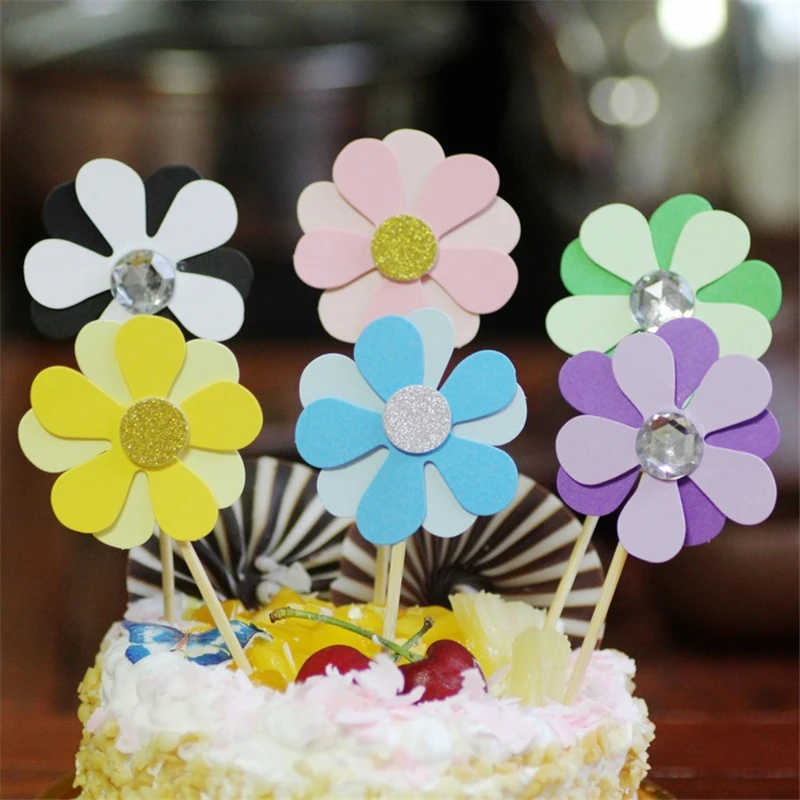 

6pcs Colorful Paper Flower Cake Toppers Twinkle Cake Supplies Ceremony Cupcake Toppers Wedding Party Decoration Cake Accession