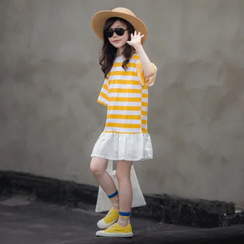 

2019 Summer Dress Kids Japanese And Korean Style Big Children Girls Dress Striped Ruffle Dress For Girls 10 To 12 Years