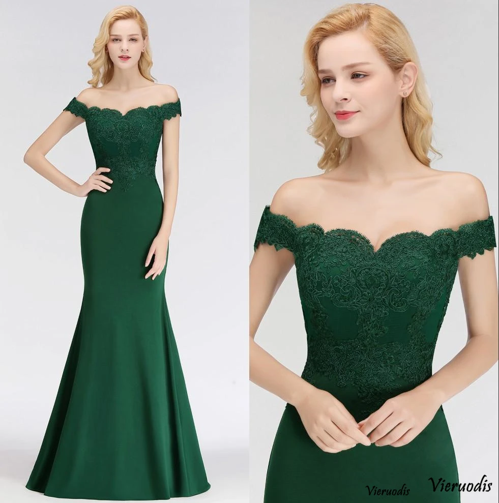 31-1           2019 Dark Green Off The Shoulder Mermaid Long prom Dresses Lace Applique Evening Dresses Real Image custom made