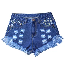 Women Summer Hot Special Rivet Casual Ripped Hole Fringe Tassel Denim Shorts Loose Fashion Print Jeans