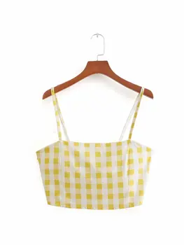 

Fashion 2019 Summer Women Yellow Plaid Sleeveless Short Camis Sexy Back Zipper Backless Spaghetti Strap Crop Tops