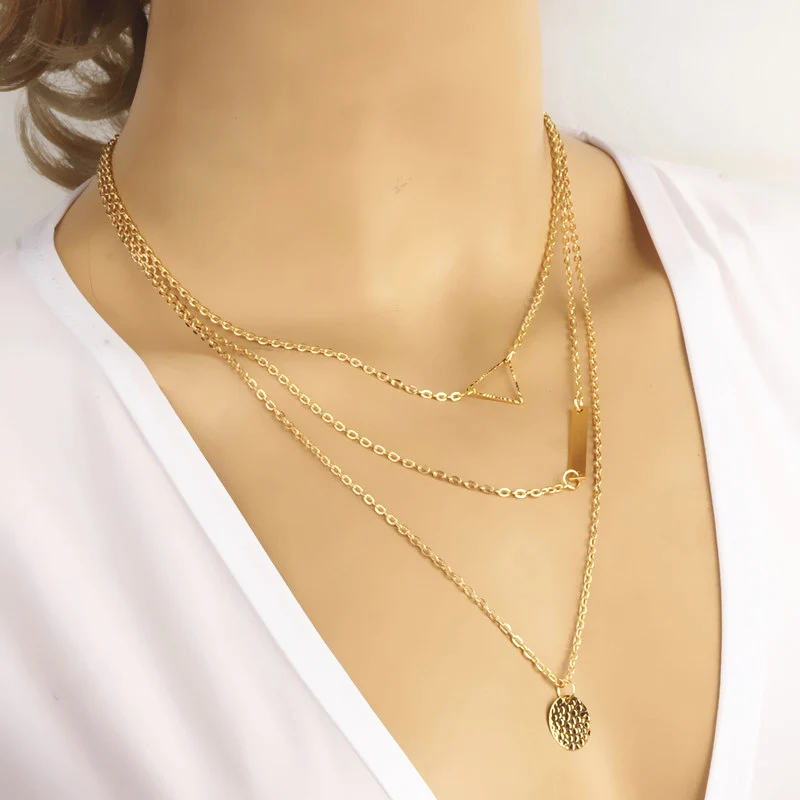 

Hot Sale Gold Metal Chain Geometric Round Rectangular Hollow Triangle Pendant Multilayer Statement Necklace for Women Jewelry