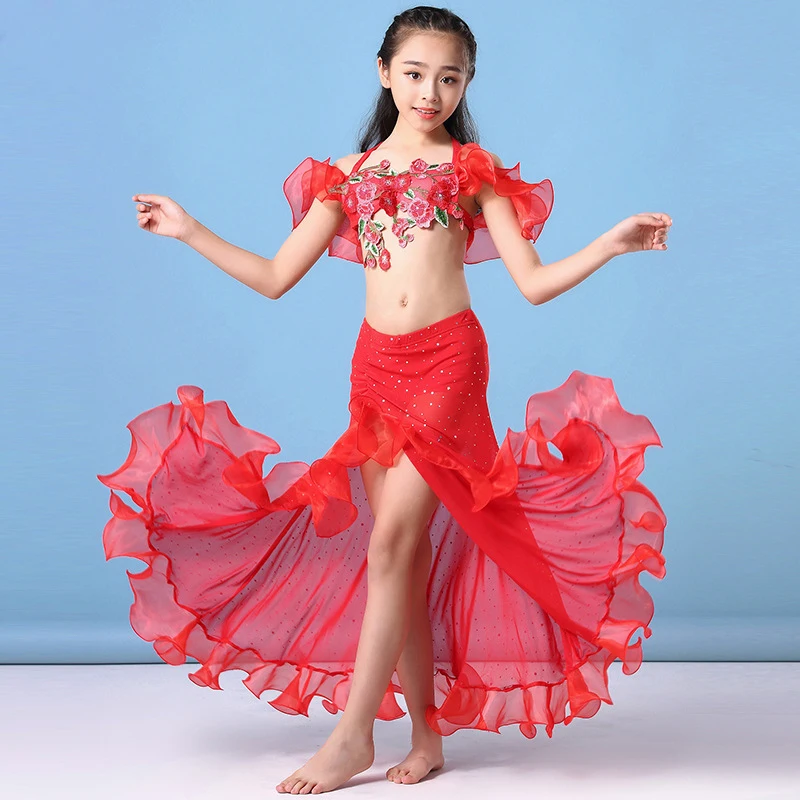 Детская Одежда для танцев, красный костюм для танца живота, комплект из 2 предметов, бюстгальтер и юбка